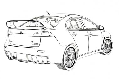 Sedan Mitsubishi Evolution X kroki. 3D çizim.