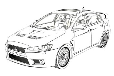 Sedan Mitsubishi Evolution X kroki. 3D çizim.