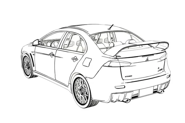 Sedan Mitsubishi Evolution X Sketch. Ilustración 3D . — Foto de Stock