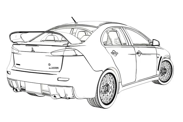 Sedan Mitsubishi Evolution X schets. 3D illustratie. — Stockfoto