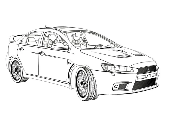 Sedan Mitsubishi Evolution X schets. 3D illustratie. — Stockfoto