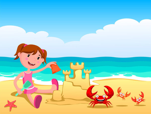 Girl in the sea, build a sand castle