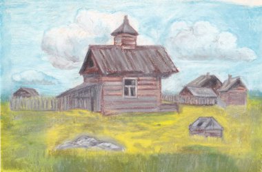 Yazın ahşap evlerle kırsal alan. Rusya, Karelia. (Karelian köyü). Yağlı boya boya..