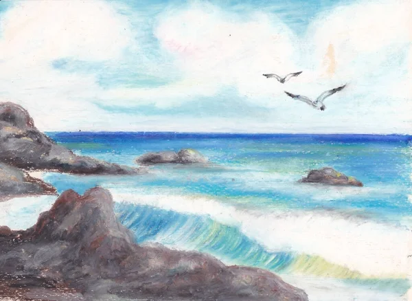 Landskap Med Svarta Havet Handmålning Illustration Olja Pasteller — Stockfoto
