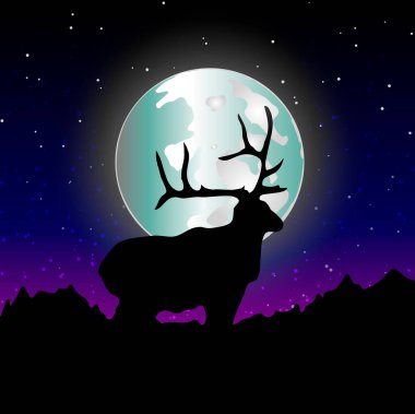 Duvar sanatı Baskı posteri, iç dekorasyon için. Gece gökyüzünde geyik profili. Mavi arkaplan