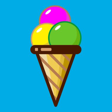 Parlak çizgi film tarzında dondurma. Mavi arka planda izole edilmiş güzel renklerde dondurma vektörü.