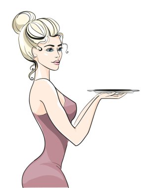 seksi kız garson elinde tepsi ile