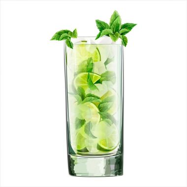 Alkollü kokteyl suluboya çizimi. Klasik mojito.