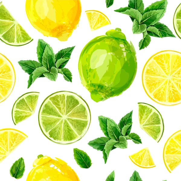 Wzór z owoców cytrusowych. Limonki, cytryny i mięty na whi — Wektor stockowy