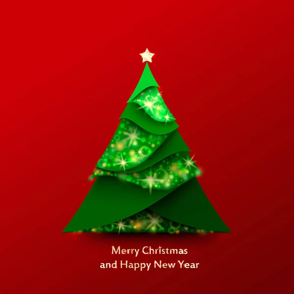 Fondo rojo de Navidad con árbol de Navidad de color verde y s — Vector de stock