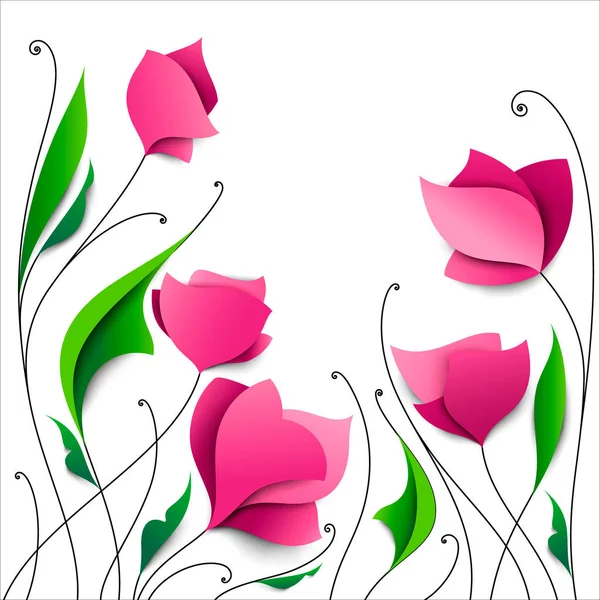 Vijf abstracte roze papieren bloemen. Elegante bloemen achtergrond. Wenskaarten — Stockvector