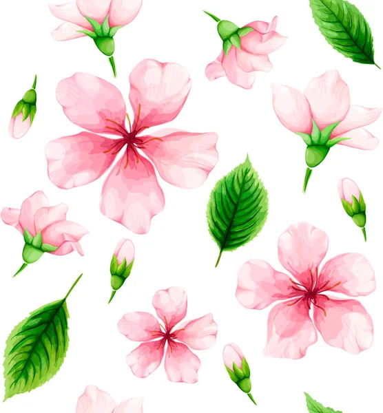 Flor de cereja. Padrão sem costura de flores rosa e licença verde —  Vetores de Stock