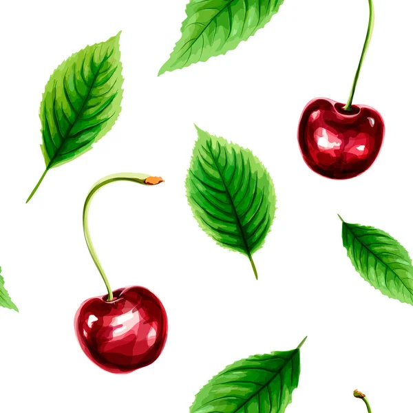 Seamless pattern with ripe cherry and green leaves — Stock Vector