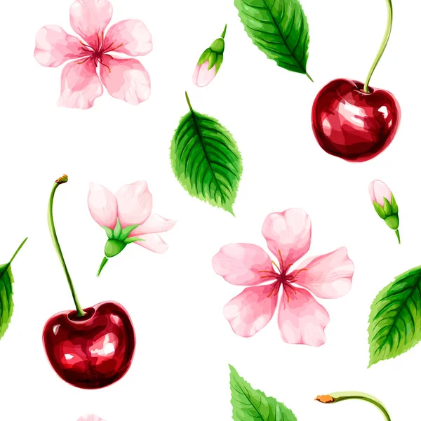 Patrón sin costuras con cereza madura, hojas verdes y flores rosadas Ilustraciones de stock libres de derechos