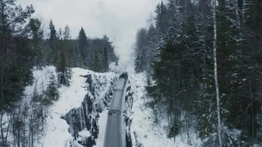 Hava manzaralı buhar treni kış ormanlarında geriye doğru gidiyor.