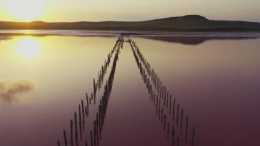 Aerial view fly above pink salt lake during sunset