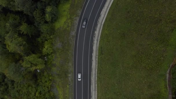 Aerio vue du haut vers le bas voiture sur la route dans la forêt de montagne verte 