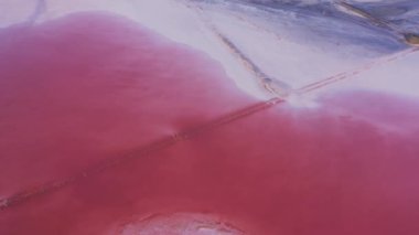 Aerial top down view pink water in salt Crimean lake.