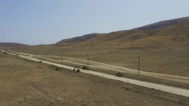 Aerial view wild hourse pasture on the dirt road in mountains