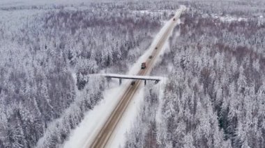 Aerial view snow road in the North of Russia.