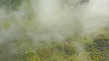 Havadan yükselen dikey çekim bulutları yeşil dağın üzerinde süzülür