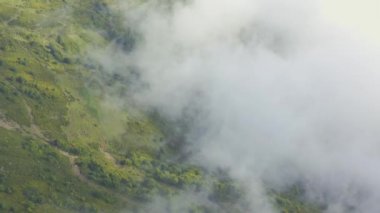 Yeşil yaz dağlarının üzerinde bulutların üzerinde uçan bir hava.