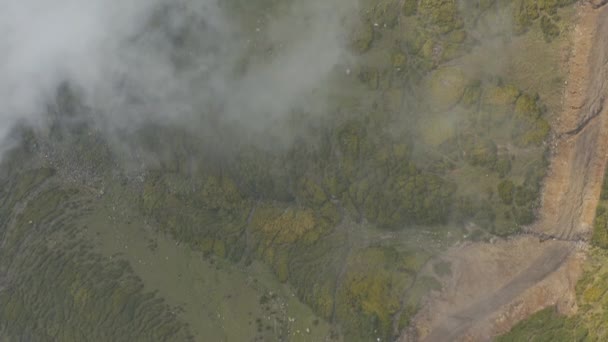Des nuages aériens verticaux flottent au-dessus d'une montagne verte 