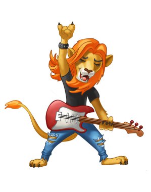 Aslan rocker bir gitar ve kot pantolon ile