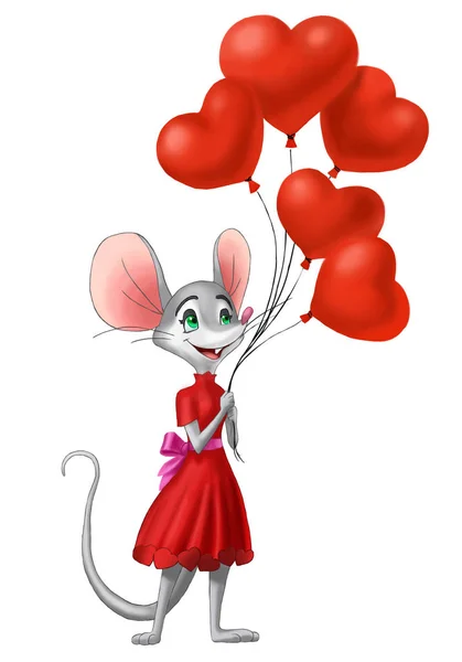 Souris avec des ballons dans une robe rouge, Saint Valentin — Photo