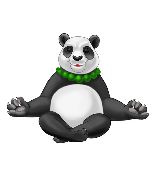 Panda in a yoga meditation pose with green beads — Stock Photo, Image