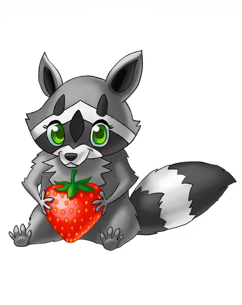 Pequeño mapache le encanta comer fresas —  Fotos de Stock