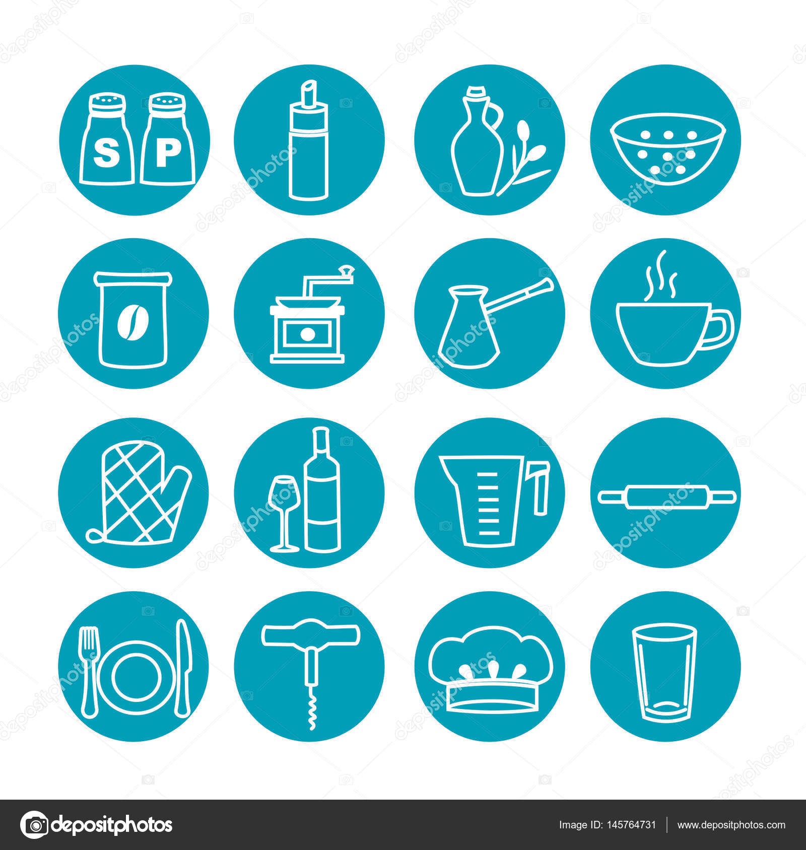 Kitchen utensils. Black and White vector icons set. — Stock Photo