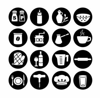 Mutfak eşyaları. Siyah ve beyaz vector Icons set.