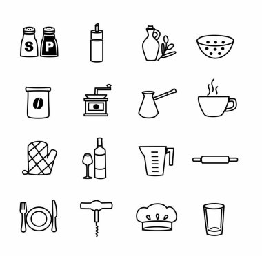 Mutfak eşyaları. Siyah ve beyaz vector Icons set.