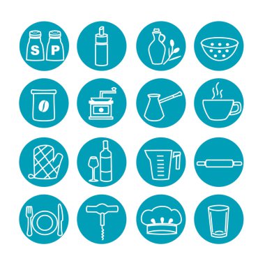Mutfak eşyaları. Siyah ve beyaz vector Icons set.