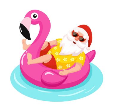 Flamingo şişme halka ile Noel Baba. Tropikal Noel. Vektör çizim.