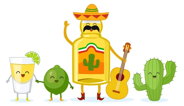 Tequila, lime and cactus. Stylized characters. Vector illustration. — Stock Photo, Image