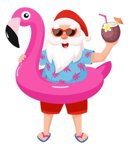 Santa Claus con el anillo inflable del flamenco. Navidad tropical. Ilustración vectorial . — Vector de stock