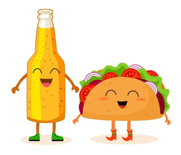 Bottle of beer and taco. Stylized characters. Vector illustration.