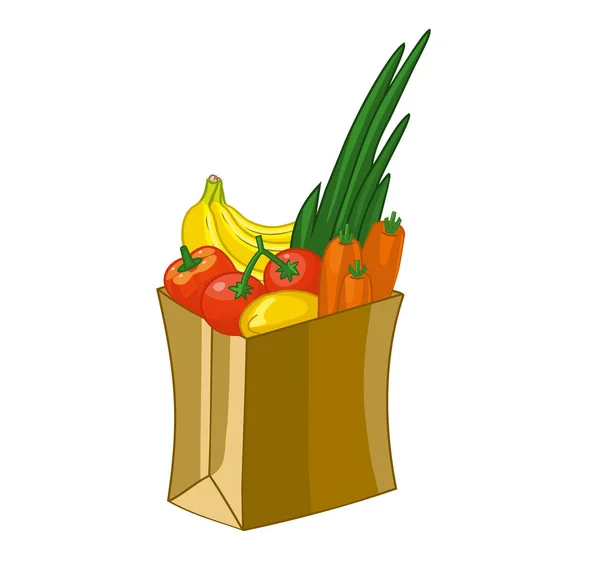 Matkassen Isolerad Vit Bakgrund Tecknade Vektorillustration Frukt Och Grönsaker Bananer — Stock vektor