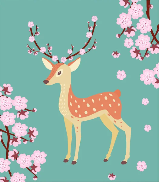 Spring illustration with a deer and cherry blossom. — Stock Vector