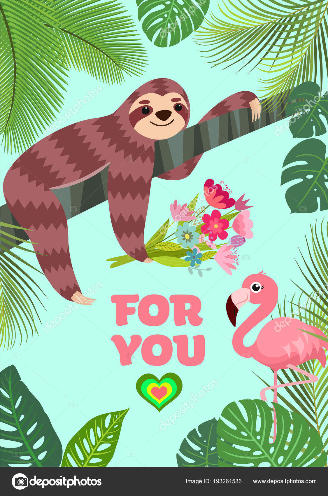 Love card. Flamingo and sloth with a bouquet. Tropical vector illustration. Stock Vector Image by ©Tayka_ya #193261536 Love card. Flamingo and sloth with a bouquet. Tropical vector illustration. Stock Vector Image by ©Tayka_ya #193261536