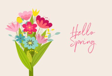 Sevimli vektör çiçekli bahar kartı. Poster çizgi film tarzı.