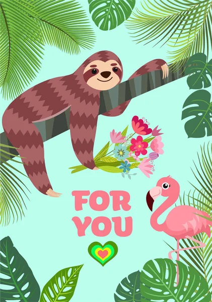 Cartão de amor. Flamingo e preguiça com um buquê. Ilustração do vetor tropical . — Vetor de Stock