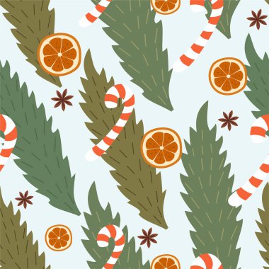 Portakallı, yapraklı ve şekerli bir Noel şablonu. Vektör kusursuz dokusu.