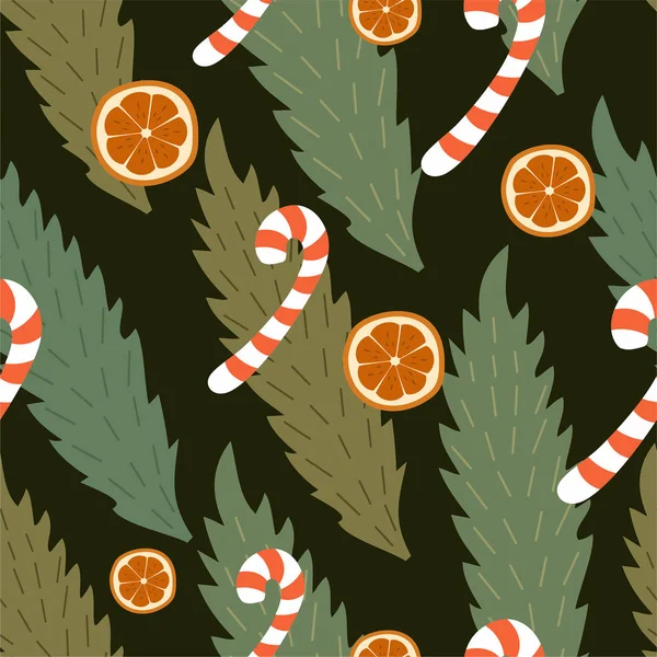 Padrão de Natal de inverno com laranja, folhas e doces. Textura sem costura vetorial . — Vetor de Stock