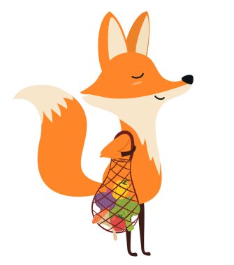  Beyaz arka planda izole edilmiş ip torbalı tilki. Çevre dostu. Atık olmadan alışveriş yapmak. Vektör düz tasarımı. 