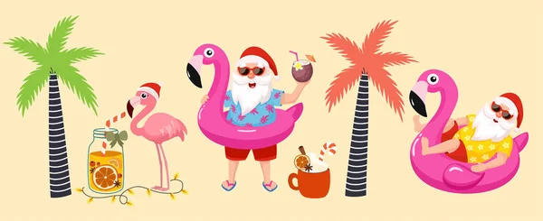 Navidad tropical. Divertida colección tropical de imágenes con santa, flamenco, palmera y anillo inflable de flamenco. ilustraciones vectoriales . — Vector de stock