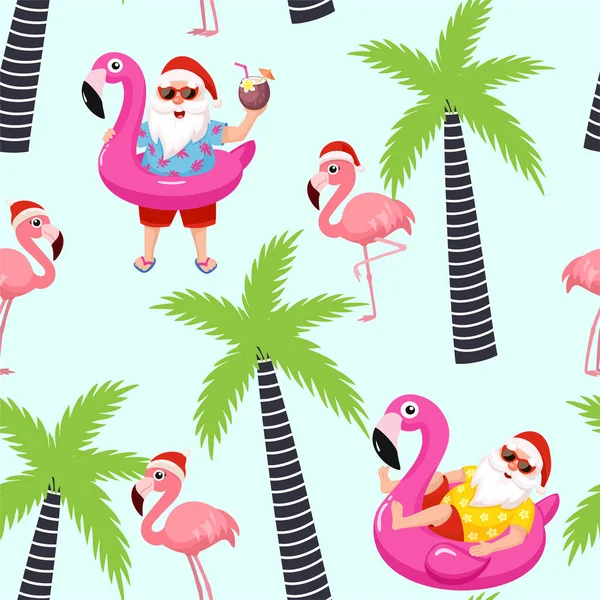 Kerst tropisch patroon met Santa Claus en flamingo. Vector naadloze textuur. — Stockvector