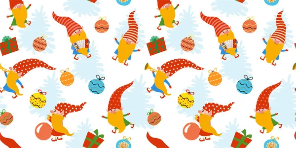 Patrón de Navidad de invierno con divertidos gnomos y regalos. Textura sin costura vectorial . — Vector de stock